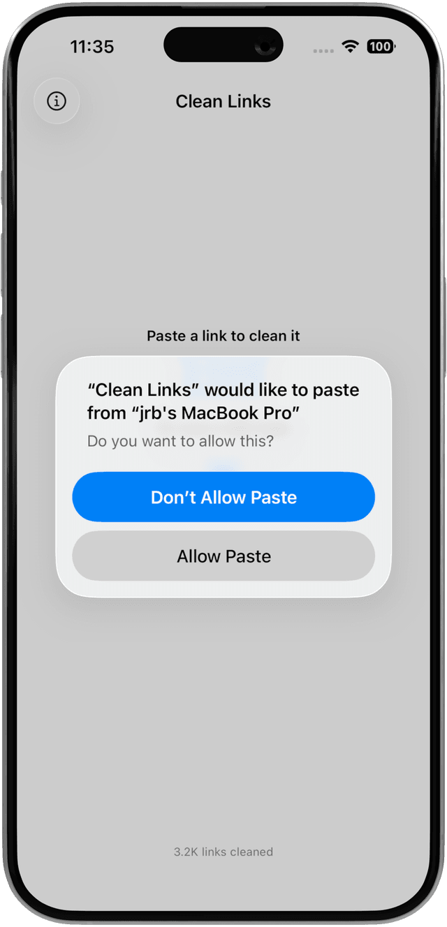 Richiesta di autorizzazione Incolla da altre app su iPhone mostrata sopra l'app Clean Links con i pulsanti Consenti e Non consentire