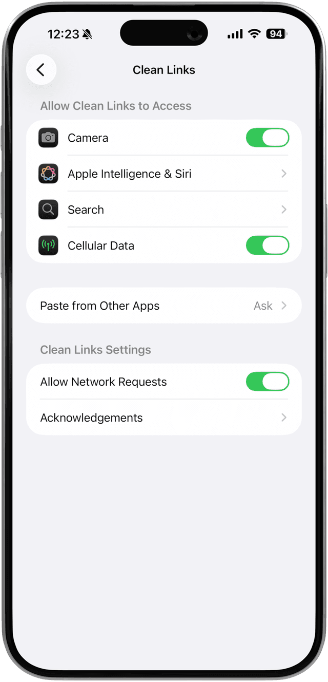 Schermata Impostazioni di iPhone per Clean Links che mostra l'opzione Incolla da altre app impostata su Consenti sotto App