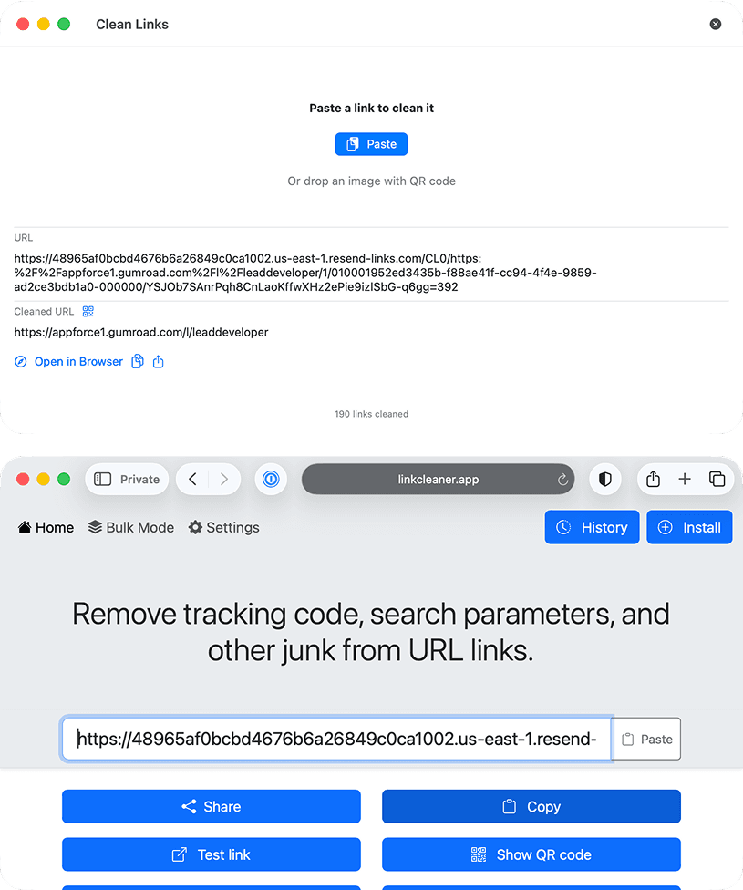 Comparație între Clean Links și Link Cleaner curățând același link scurt Resend, cu rezultate diferite