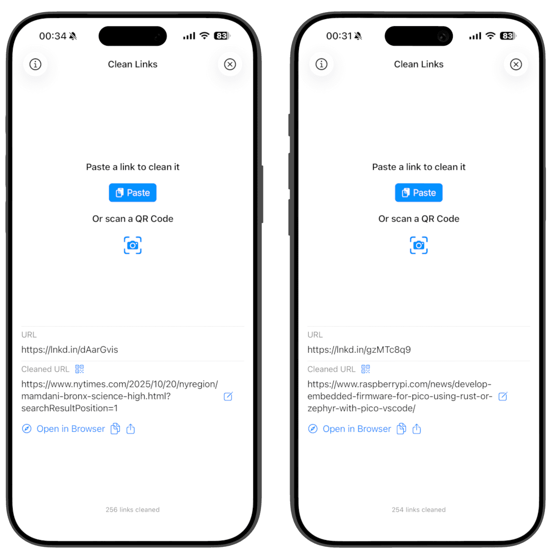 Clean Links 應用程式顯示移除 trk 和 li_fat_id 以及解開 LinkedIn safety/go 連結 shim 前後的對比