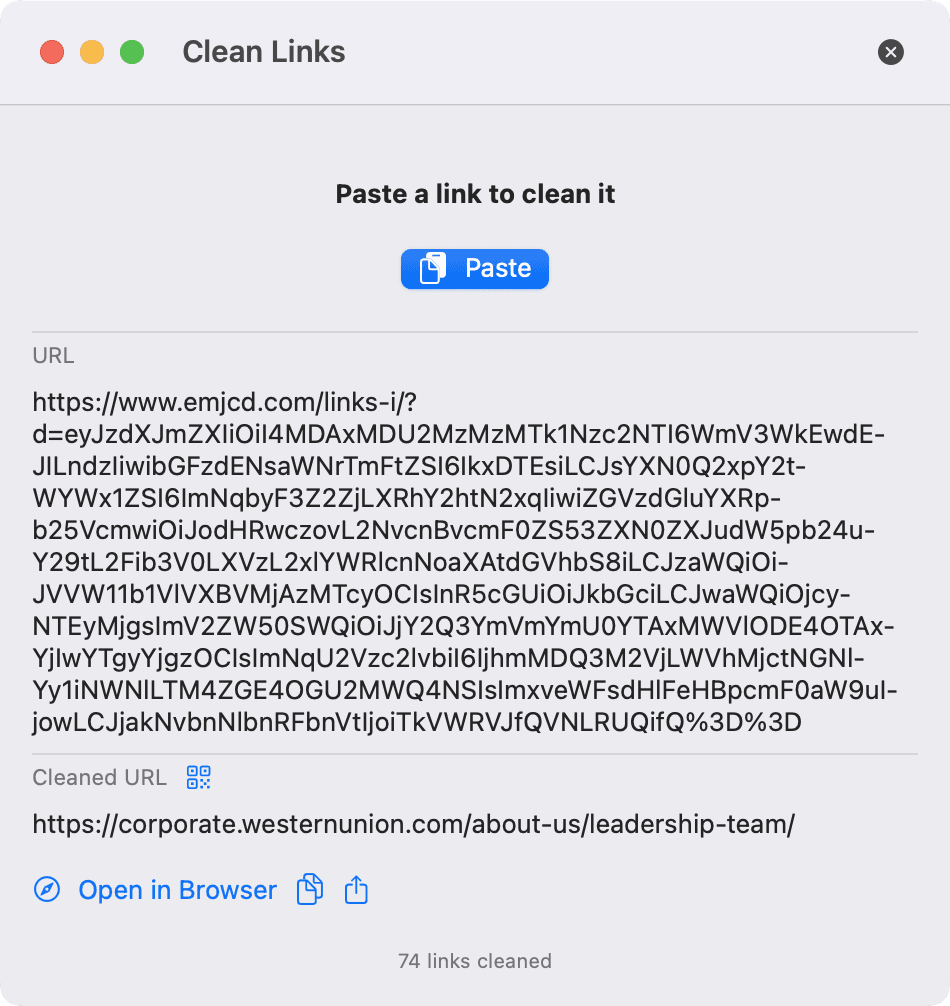 Screenshot of Clean Links for Mac showing a long tracking URL cleaned to a simple westernunion.com link, with "Paste a link to clean it" and "Open in Browser" controls.