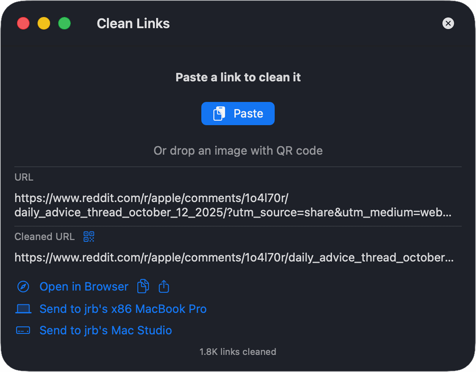 Receive links on Mac - Clean Links automatically opens links in your browser when sent from iPhone, iPad, or another Mac