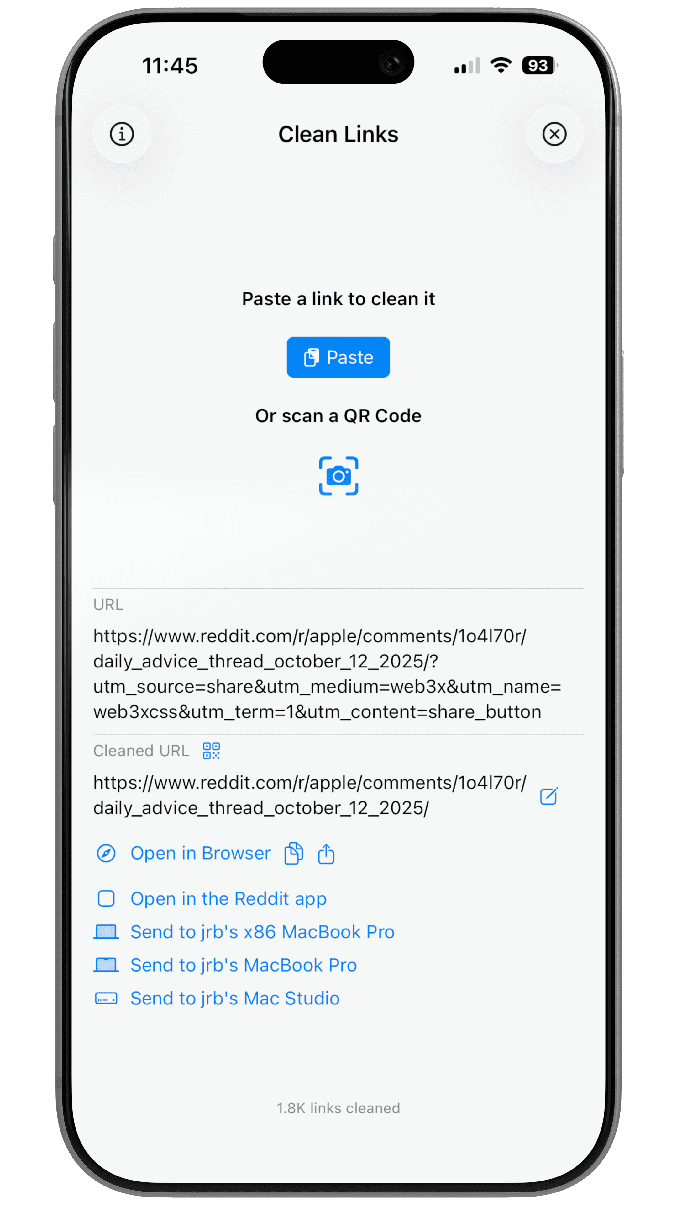 Send links to Mac from iPhone, iPad, or another Mac - Clean Links shows all your Mac devices