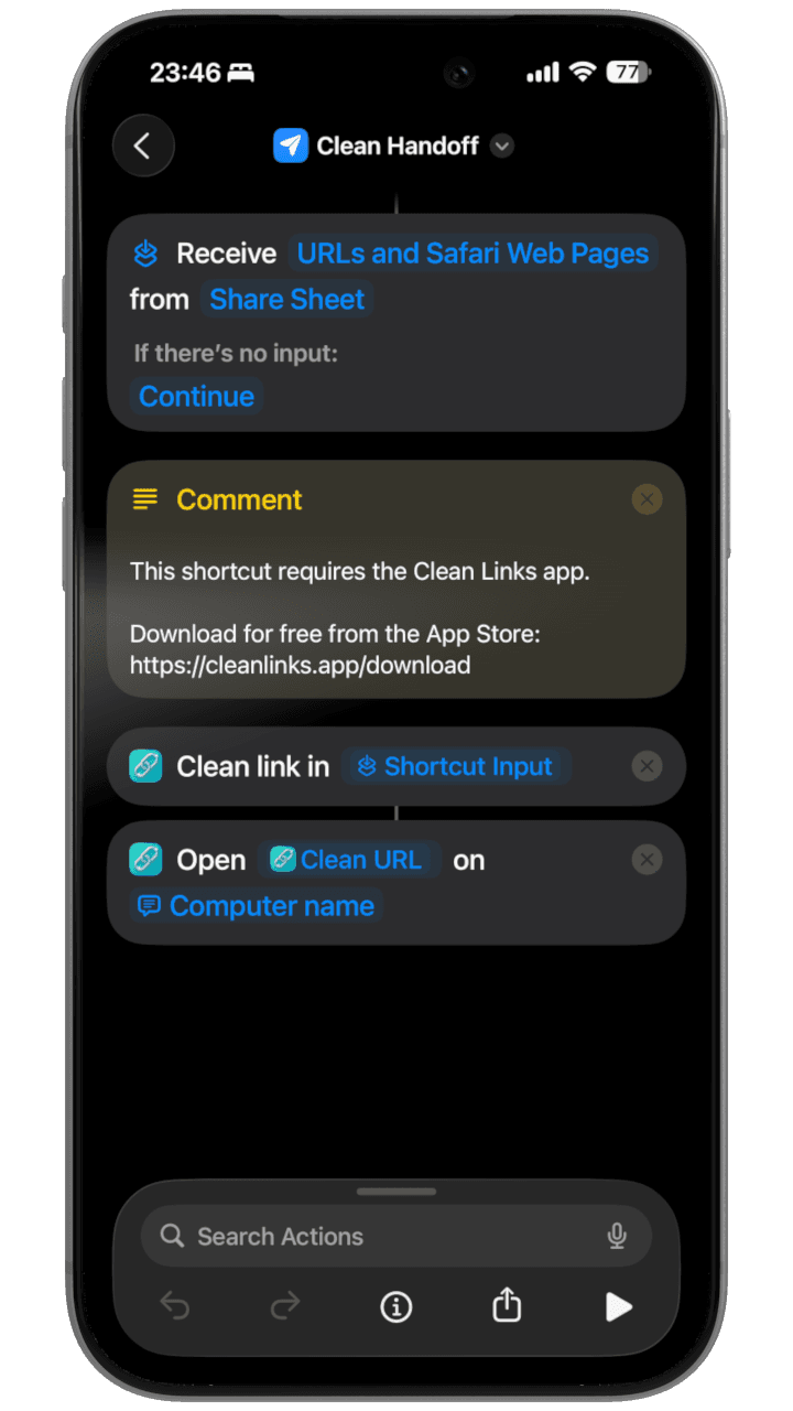 Clean Handoff Apple Shortcut showing actions to clean a URL from the Share Sheet and hand it off to another device like a Mac