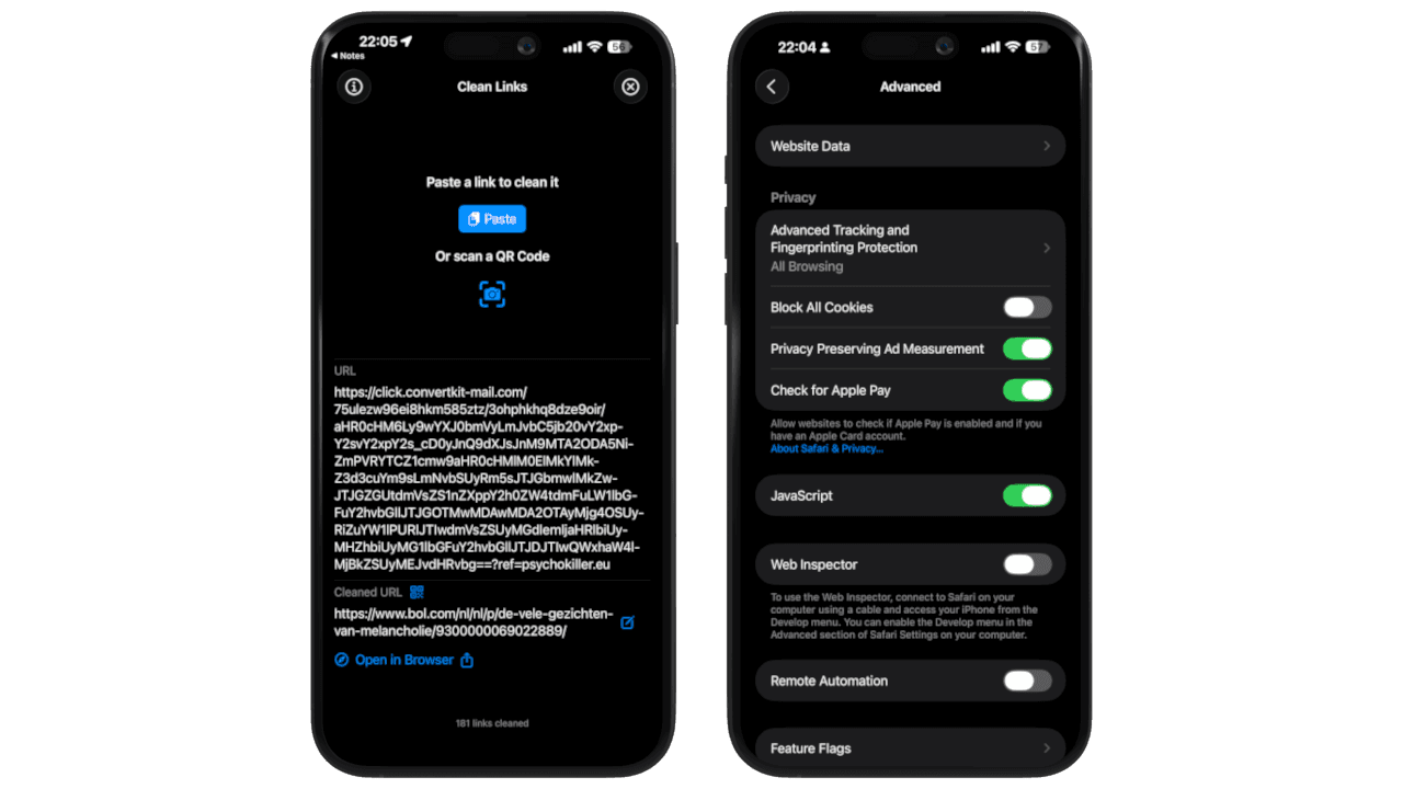 Clean Links vs Safari Advanced Tracking & Fingerprinting Protection comparison showing iOS settings and link cleaning in action