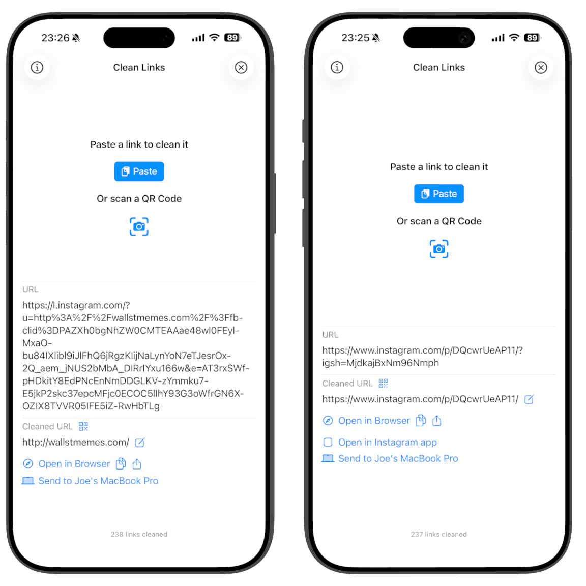 Clean Links 應用程式顯示清理帶有 igshid 追蹤參數的 Instagram 連結前後的對比