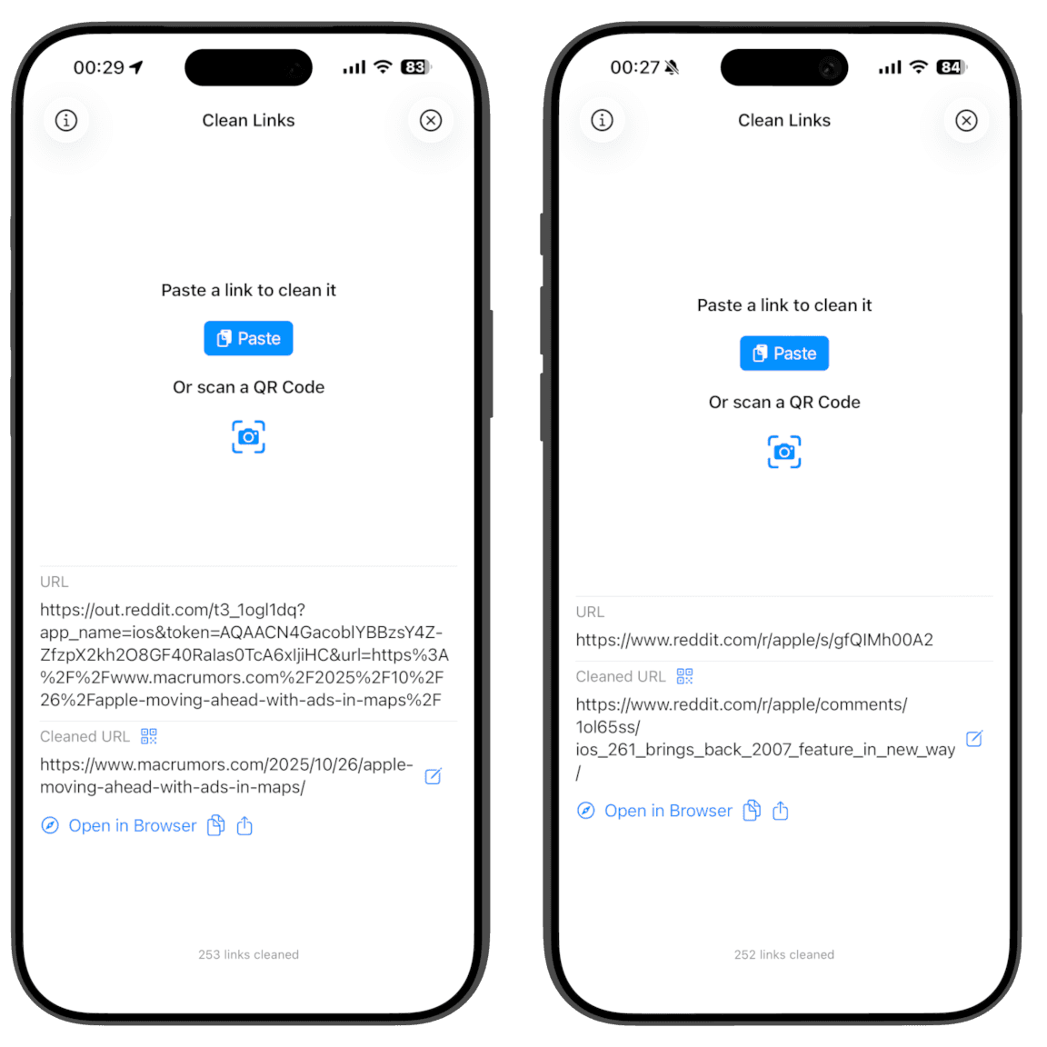 Aplicația Clean Links arătând înainte și după desfacerea out.reddit.com și eliminarea utm_source=share