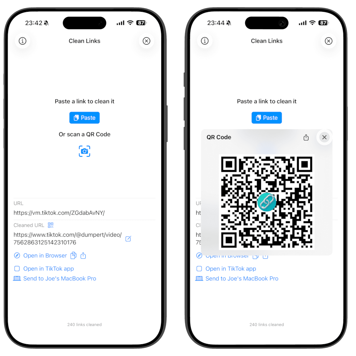 Application Clean Links montrant l'avant et l'après du développement d'un lien court TikTok vm.tiktok.com vers sa destination réelle