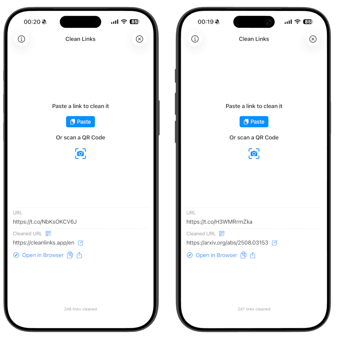 Aplicația Clean Links arătând starea înainte și după extinderea unui link scurt t.co către destinația reală și eliminarea urmăririi