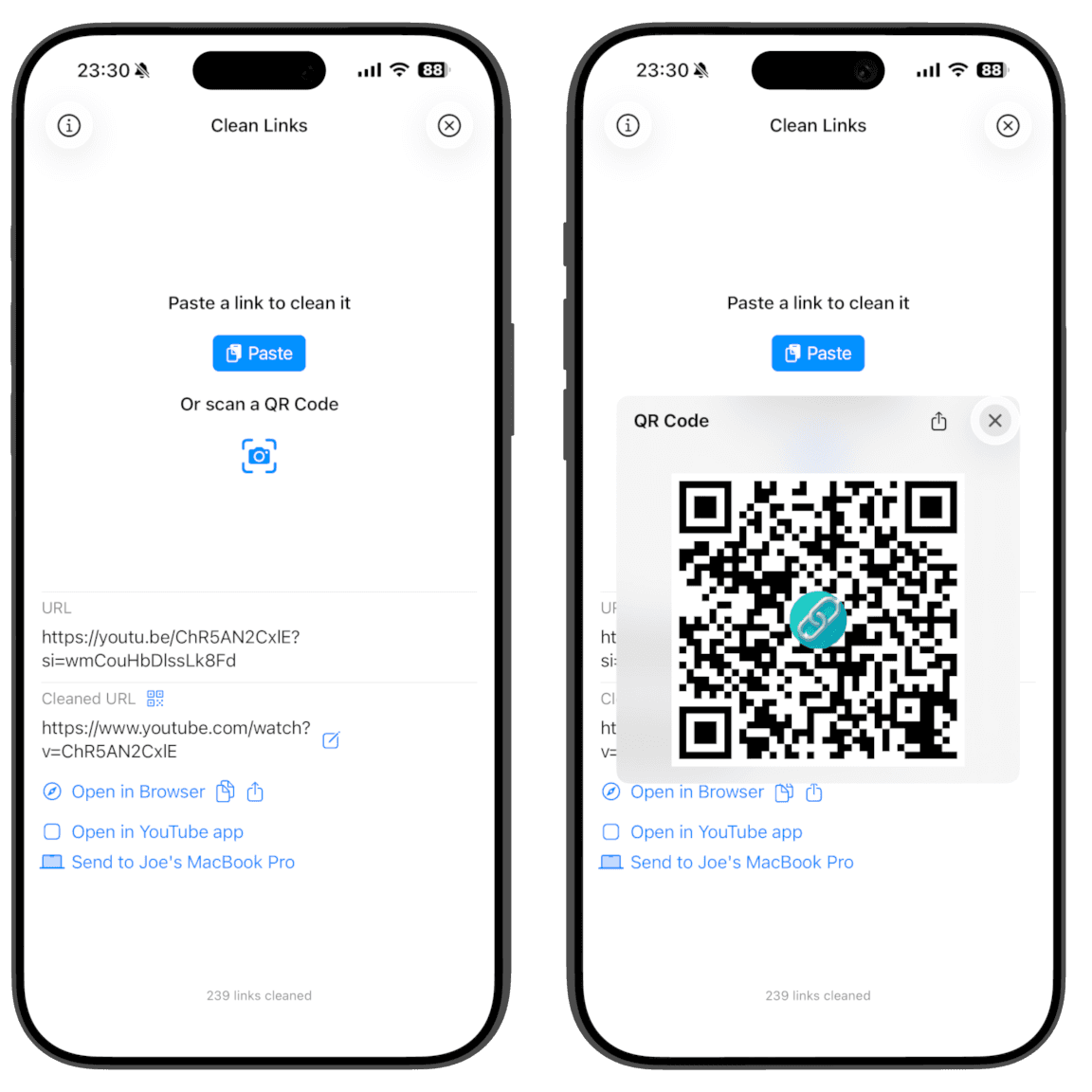 Aplicația Clean Links arătând înainte și după curățarea unui link YouTube cu parametrii de urmărire si și feature, rezolvând youtu.be la youtube.com