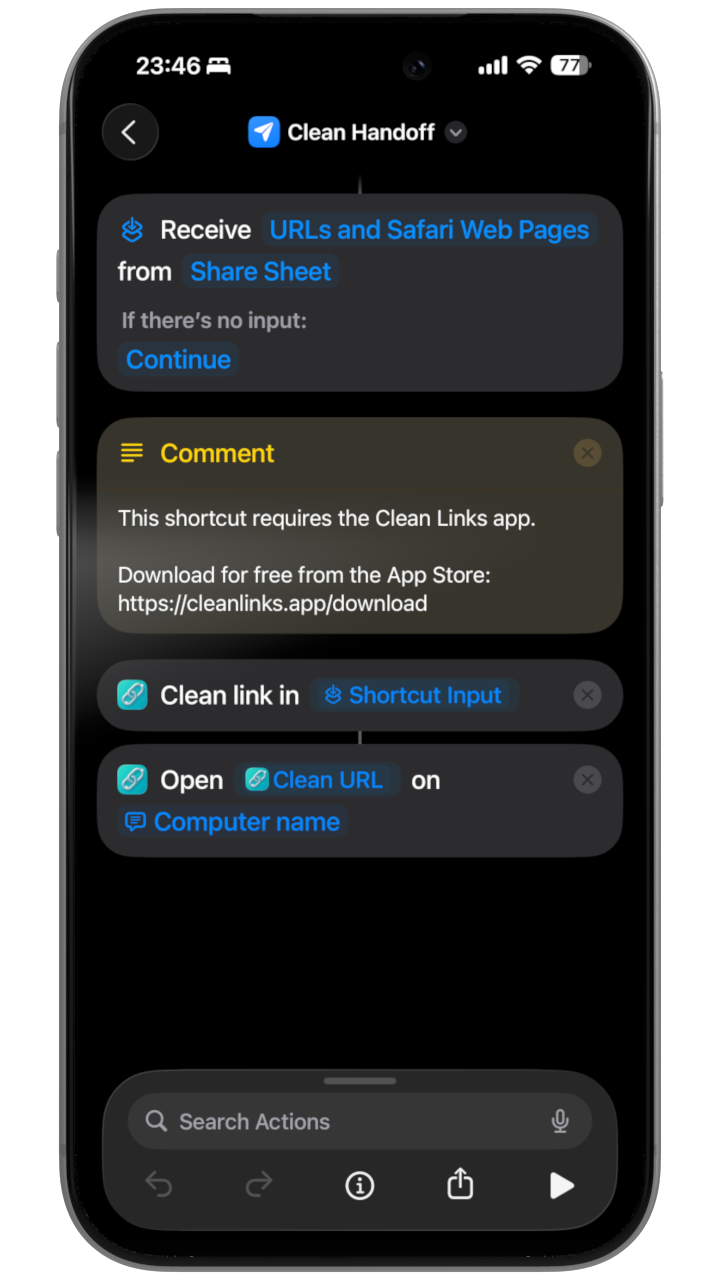Atajo de Apple 'Clean Handoff' mostrando acciones para limpiar una URL desde la Hoja para compartir y transferirla a otro dispositivo como un Mac