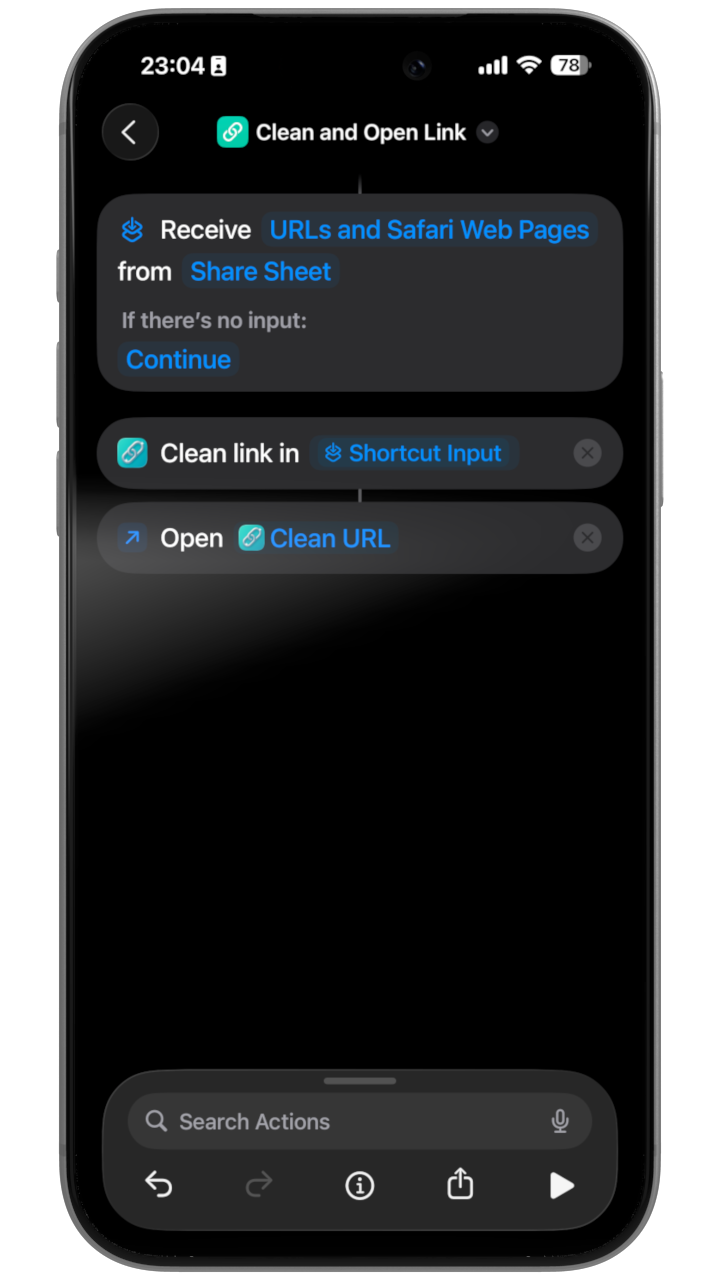 Atajo 'Clean and Open Link' mostrando dos acciones: Limpiar URL tomando la Entrada del atajo y Abrir URL abriendo la URL limpiada