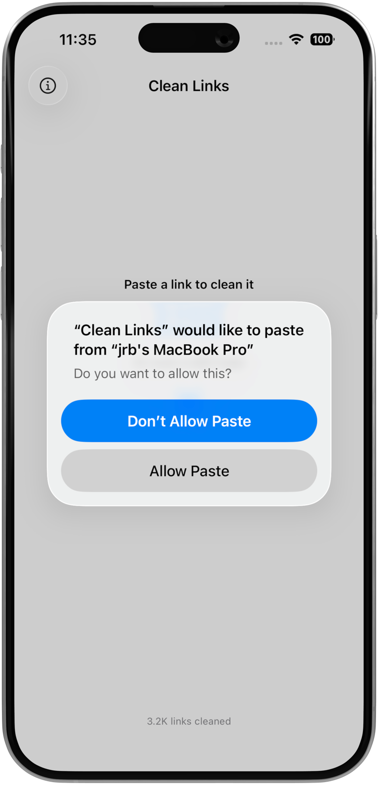 iPhone 顯示在 Clean Links App 上的「從其他 App 貼上」權限提示，帶有「允許」和「不允許」按鈕