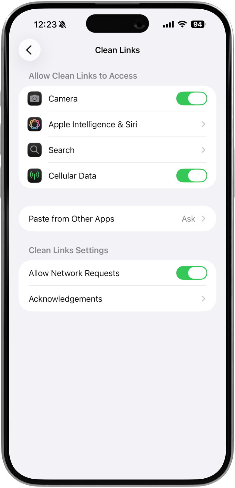 Clean Links 的 iPhone 設定畫面，顯示在 App 下的「從其他 App 貼上」選項設定為「允許」