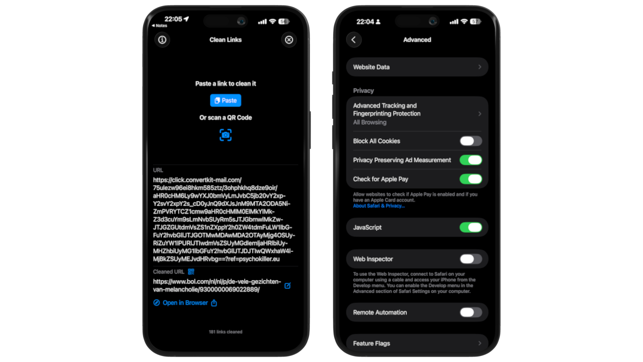 Comparaison entre Clean Links et la protection avancée contre le suivi et l'empreinte numérique de Safari montrant les réglages iOS et le nettoyage de liens en action