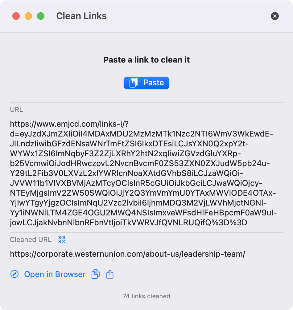 Screenshot of Clean Links for Mac showing a long tracking URL cleaned to a simple westernunion.com link, with "Paste a link to clean it" and "Open in Browser" controls.