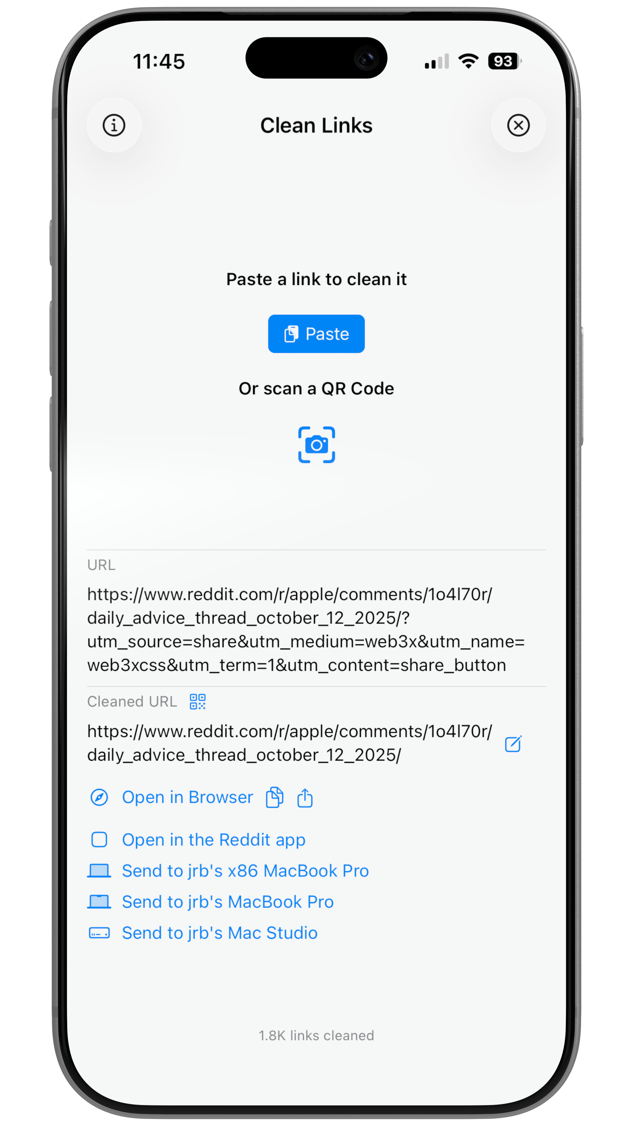 Send links to Mac from iPhone, iPad, or another Mac — Clean Links shows all your Mac devices with offline sync support.
